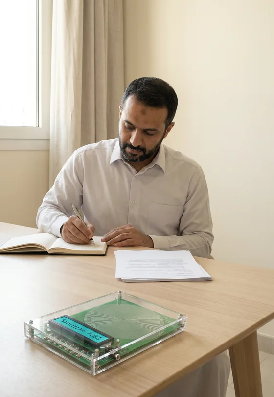 محترف على مكتبه في ضوء النهار، والجهاز بجانبه