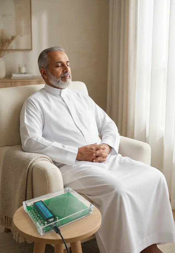 رجلٌ ستينيّ يستريح قرب النافذة، والجهاز على الطاولة