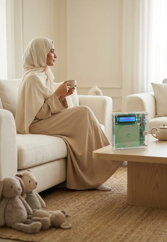 أمٌّ تشرب شايها على الأريكة، والجهاز على طاولة المعيشة
