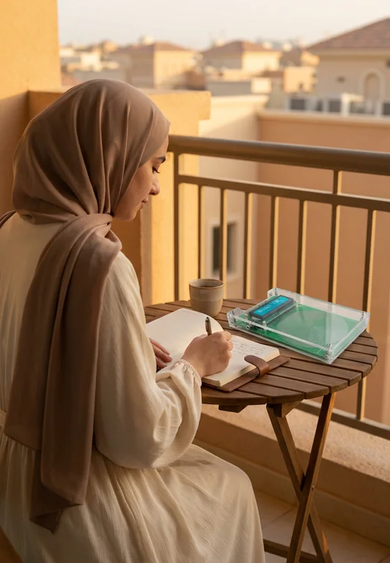 شابّة تدوّن يومياتها في الشرفة عند الغروب